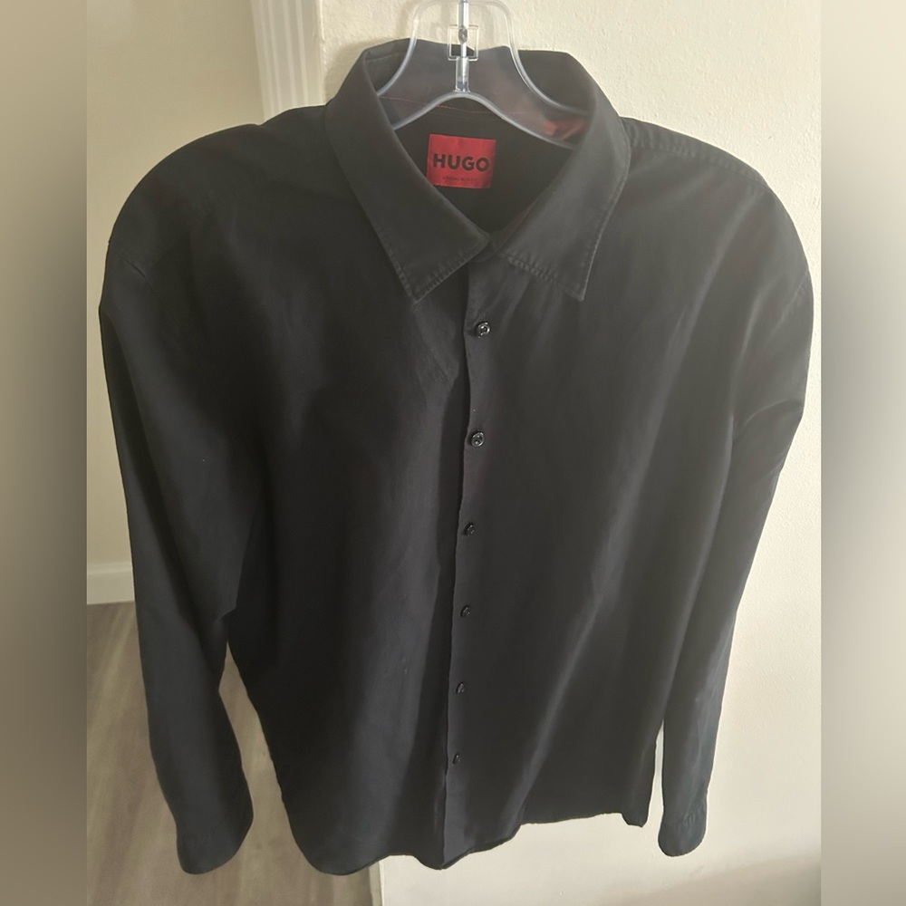 HUGO BOSS XXL Black Button-Up Shirt Red Checkered Logo Sleeve Streetwear